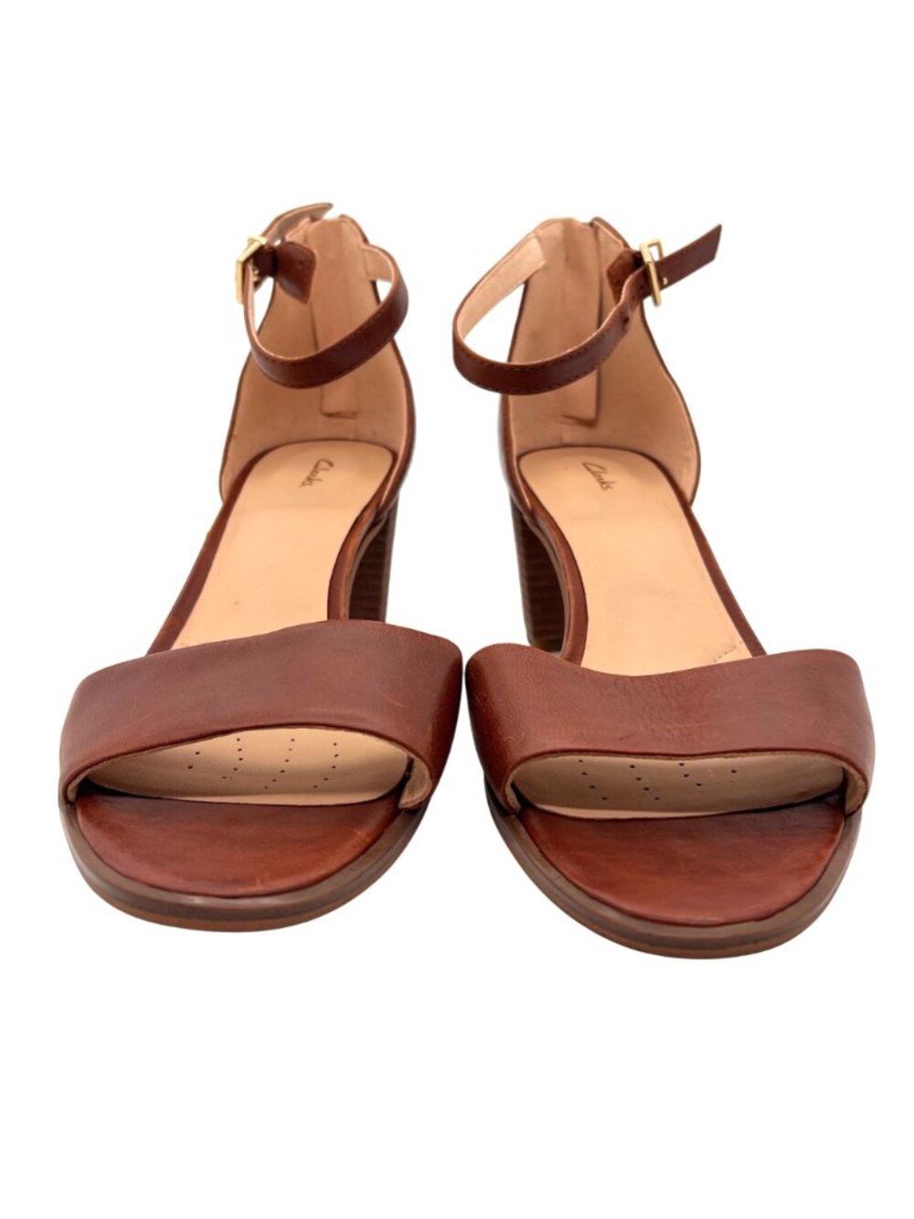 Clarks Brown Leather Ankle Strap Sandals Womens Size 9 Block Heel Open Toe Tan - Picture 6 of 13